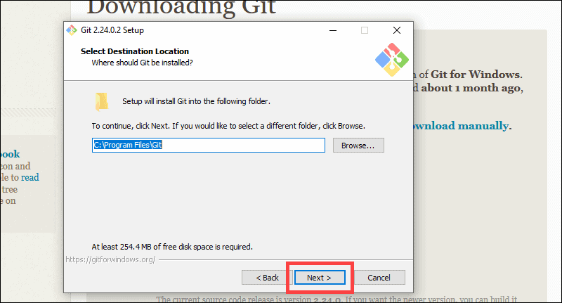 Select the location for the Git installation on windows