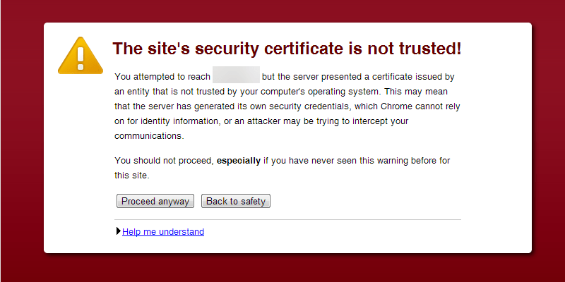 A browser displaying a warning about a self-signed certificate.