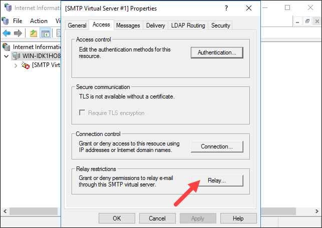 Setting the relay settings for SMTP.