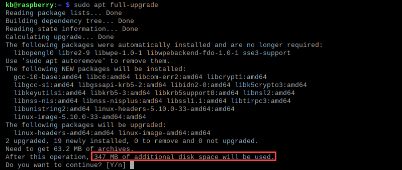 sudo apt full-upgrade raspberry pi additional space terminal output