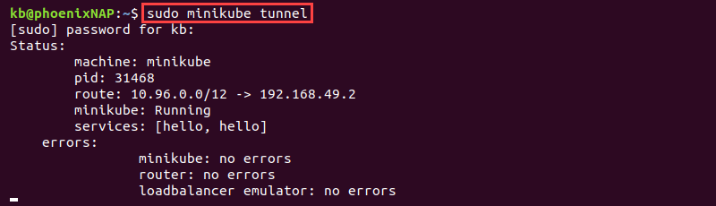 sudo minikube tunnel terminal output