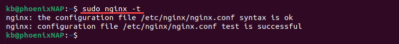 sudo nginx -t terminal output