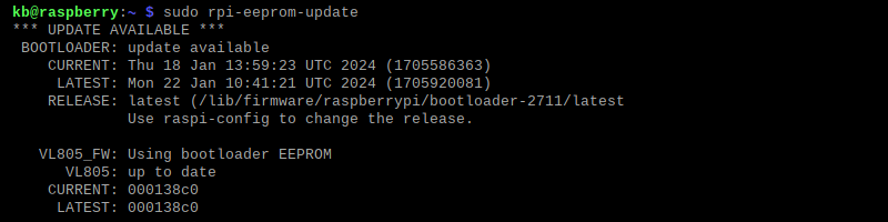 sudo rpi-eeprom-update terminal output