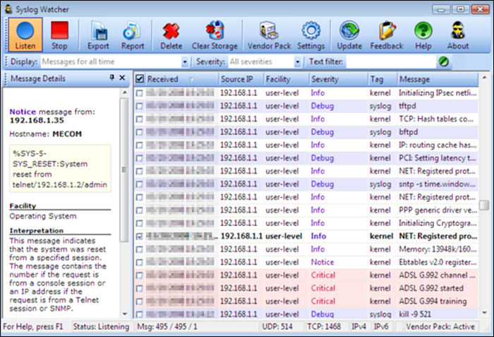 The Syslog Watcher tool showing incoming messages with different severity labels.