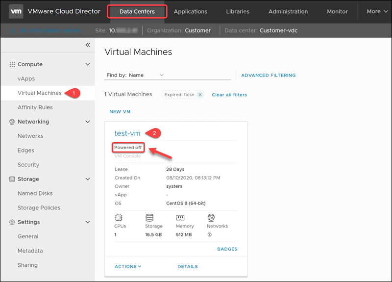Editing VMs in the Cloud director tenant portal.