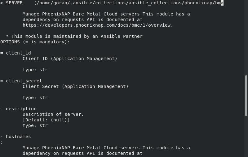 Use Ansible Command to view phoenixNAP BMC Module documentation.