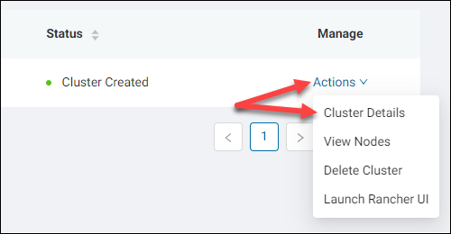 Viewing cluster details via the Actions menu of the cluster dashboard.