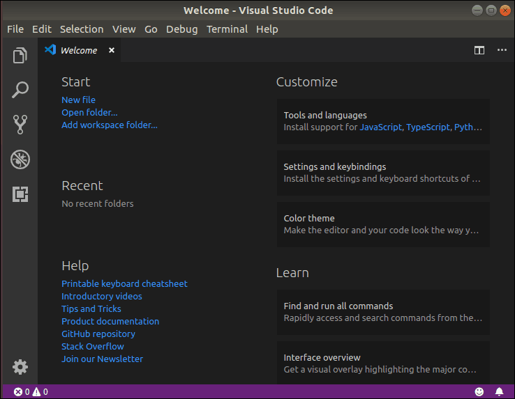 visual studio code welcome menu with help