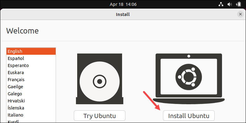welcome menu install ubuntu button