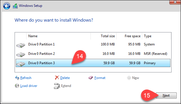 Choosing the Windows 11 installation partition in Windows 11 installer.